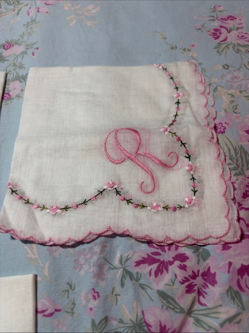 Embroidered Pink Floral Initial Handkerchief - R Monogram